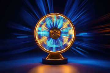spinning fortune wheel with motion blur in blue and gold colors on dark background