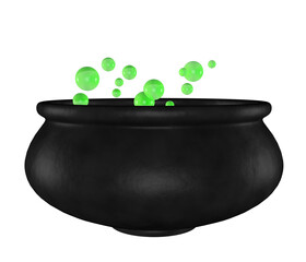 Black, old, textured pot for brewing potion with green bubbles on transparent background.