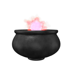 Black, old, textured pot for brewing potion with red smoky ball on transparent background.