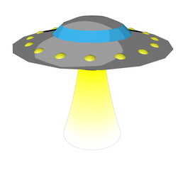 Flying saucer with yellow glow on transparent background. Concept of unidentified flying objects and aliens.