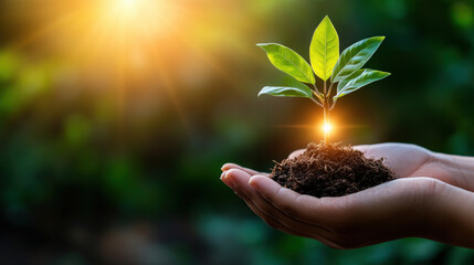 small plant growing in hands symbolizes hope and new beginnings, illuminated by bright natural light. This captures essence of nurturing and growth