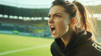 Angry female football player woman shouting and expressing frustration during intense soccer game, showing mad emotion and stress, displaying aggressive behavior, upset with competition, training