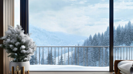 Modern house with spacious terrace offering beautiful winter view through window snowy forest and...