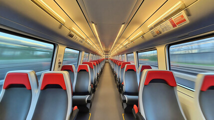 Fototapeta premium Empty modern train interior in urban city subway, public transportation vehicle for fast rail transit, comfortable seats in carriage for passengers on indoor metro commute or railway journey travel