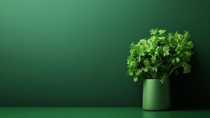Green foliage plant in a minimalist green pot against a matching green background, creating a monochromatic and serene visual effect.