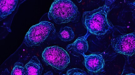 Colorful microscopic image showing cells with vibrant purple and blue hues, illustrating intricate cellular structures.