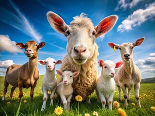 Obraz premium Adorable Portraits of Farm Animals in a Cute Pattern Featuring Sheep, Goats, Pigs, Cows, and Chickens in Lush Green Pastures with a Bright Blue Sky Background