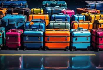 Fototapeta premium vibrant dynamic shots capturing luggage expansive empty runway clear skies sunlight reflections, airport, aeroplane, aircraft, baggage, suitcase, bag