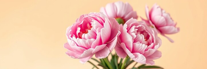 Obraz premium Soft focus pink peony flowers against a warm beige background, greenery, feminine charm, blooming flowers