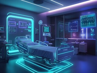 Obraz premium Futuristic Smart Hospital Room with Interconnected AI Powered Medical Devices for Monitoring Patient Recovery