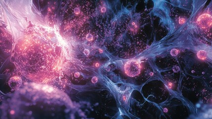 A vibrant, abstract depiction of interconnected cells and particles, showcasing a dynamic interplay of colors and light, resembling biological processes at a microscopic level.