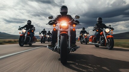 A group of motorcyclists rides down a scenic road, showcasing powerful bikes against a dramatic sky.