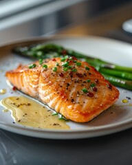 A beautifully plated salmon fillet garnished with green herbs, served alongside fresh asparagus, and drizzled with a flavorful sauce.