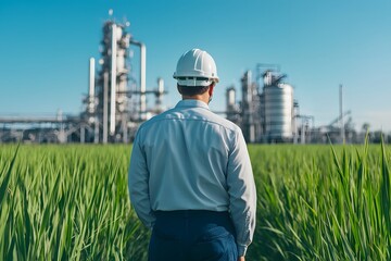Engineer Walking Through Tall Grass Analysing Farm with Factory in the Background – Agricultural Innovation, Industry, Sustainability