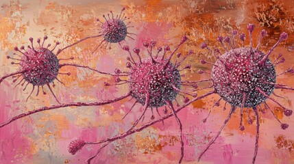 Abstract depiction of viral particles in pink hues, showcasing their structure and movement against a textured background.