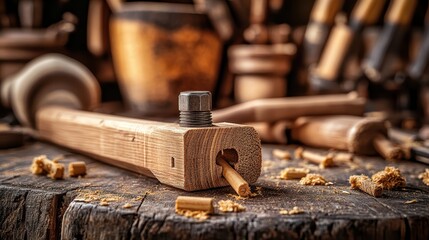 A close-up of a wooden tool with a metal bolt, surrounded by wood shavings, showcasing craftsmanship in a workshop filled with various tools.