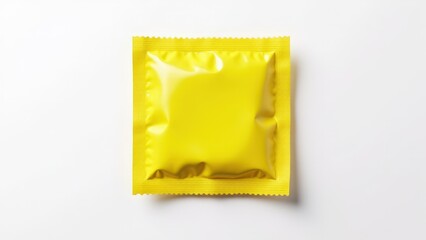 Realistic yellow foil condom packaging mockup with a reflective surface and smooth edges, displayed on a white background for a clean look.