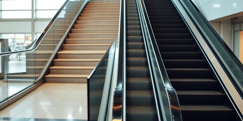 Staircase and escalator combo at airport featuring glass railing, airy feel, airport design elements