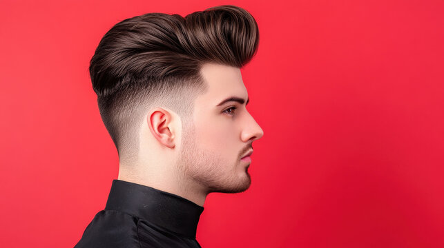 Stylish man with classic pompadour hairstyle against vibrant red background. volume and sleekness of hair create striking look