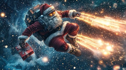 Futuristic Santa flying through space with a jetpack delivering gifts, surrounded by glowing stars.

