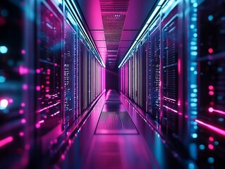 Fototapeta premium Futuristic data center illuminated by striking neon colors, showcasing advanced technology and innovation