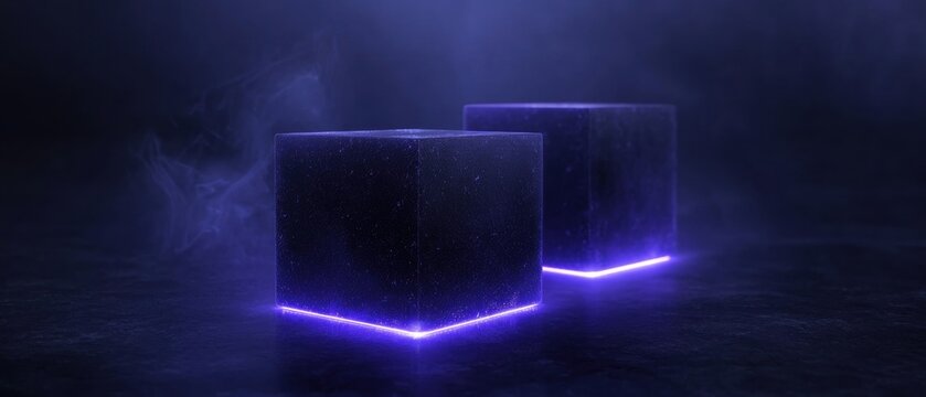 Two cubes are lit up in purple and are floating in the air