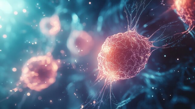 A vivid depiction of cellular structures, showcasing vibrant, interconnected cells in a microcosmic setting with luminous details.