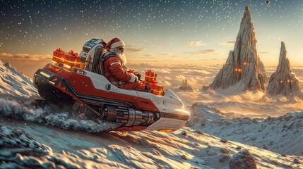 Santa Claus driving a futuristic hover sled through snowy landscapes with gifts at sunrise.

