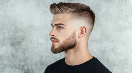 Stylish man with undercut hairstyle and well groomed beard, showcasing modern look. clean fade and sharp lines enhance his features