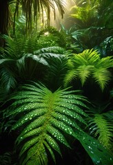 Fototapeta premium lush green rainforest foliage adorned shimmering water droplets reflecting sunlight vibrant natural setting, leaves, greenery, nature, tropical, plants, bokeh
