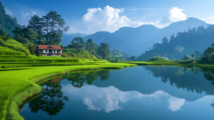 Serene Landscape with a Small House and Rice Terraces - Beautiful Photo