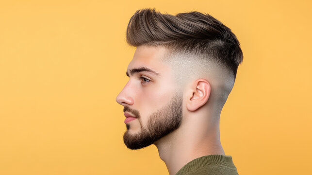 Man with undercut hairstyle featuring shaved sides and stylish top, showcasing modern look against vibrant yellow background