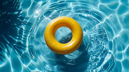 A vibrant yellow pool float rests in clear blue water, creating a serene and inviting atmosphere for relaxation.