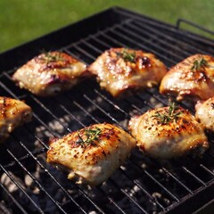 Medium Shot of a Grilled Chicken Thighs on a Barbecue Grill: A deep focus, low-angle studio shot focusing on golden-brown chicken thighs on the grill, with the flames and grill marks clearly visible.