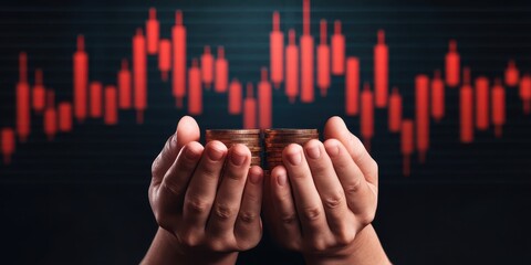 financialsavings advisory concept. A pair of hands holds coins against a backdrop of a fluctuating red stock market graph, symbolizing investment and financial trends.