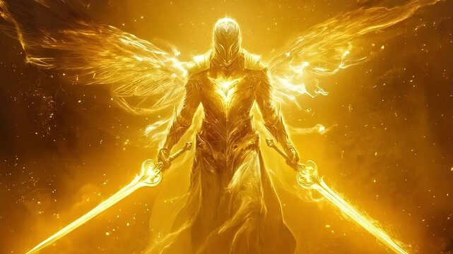 Knight with angel wings in full armor stands with his sword, behind him golden glow and sparks, in style fantasy art and Middle Ages. Epic fantasy graphics for a commercial for a historical game. 