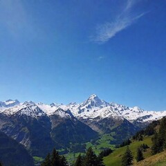 Obraz premium A full shot of a mountain range with eagle in sky at eye level, with snow-capped peaks and a lush valley below