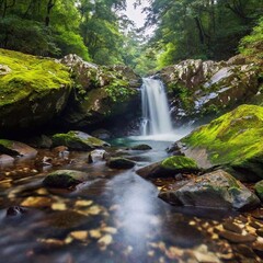 Fototapeta premium A full shot eye-level photo of rain forest scenery, featuring a tranquil river flowing through the dense forest, with soft focus on the reflections and the surrounding foliage.