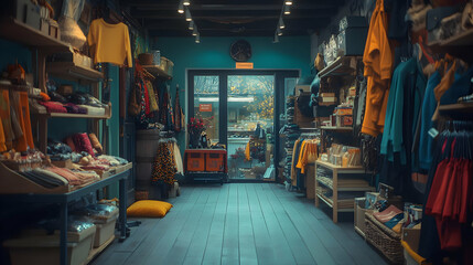 Interior of a Shop with Wooden Shelves, Clothes, and a View of a Tree