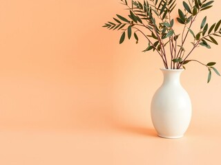 Empty ceramic vase sits atop a warm peach-colored background, its simple elegance adding a touch of sophistication to the scene, empty ceramic vase, peach colored background, neutral tones