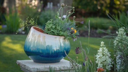A vibrant blue and brown ceramic planter filled with lush green plants, set on a stone pedestal in a garden.