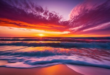 Obraz premium stunning beach sunset showcasing vibrant color palette fiery soft deep tranquil blues reflected gentle waves, orange, pink, purple, horizon, sky, clouds
