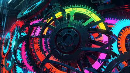 Floating gears layered in neon-lit rows. Anime Background\Wallpaper