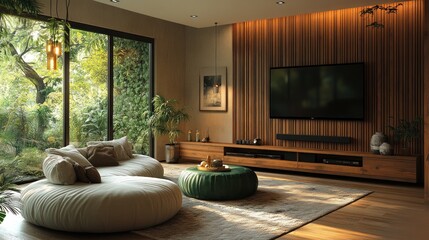 Fototapeta premium Serene living room with large windows, wooden wall, and comfortable seating.