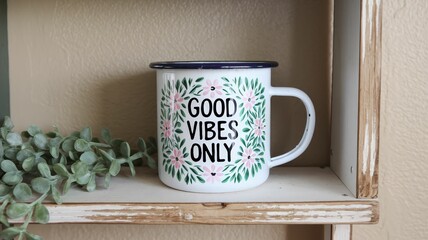 A decorative mug with the phrase "Good Vibes Only," surrounded by floral designs, resting on a wooden shelf with greenery.