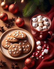 Fototapeta premium Delightful holiday flat lay featuring cozy hot cocoa with marshmallows and festive cookies on a wooden table. Generative AI