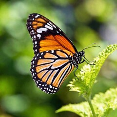 Obraz premium A macro photo of a butterfly with iridescent wings catching the light, soft focus creating a gentle blur of colors in the background, low angle shot that highlights the shimmering scales and the delic