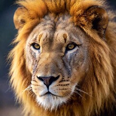 Naklejka premium A close-up photo of a lion looking directly at the camera, deep focus on the symmetry of its face and the contrast between its eyes and fur, eye-level shot conveying a sense of presence and authority