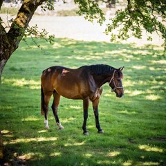 Obraz premium A full shot photo of a horse standing under a large oak tree, soft focus rendering the leaves and branches into a delicate green blur, high angle shot from above that shows the horse's full body and i