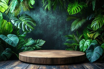 A wooden platform with a green background